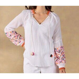 NWT Sundance Leda Embroidered Top Cotton Blouse White Large Long Sleeve